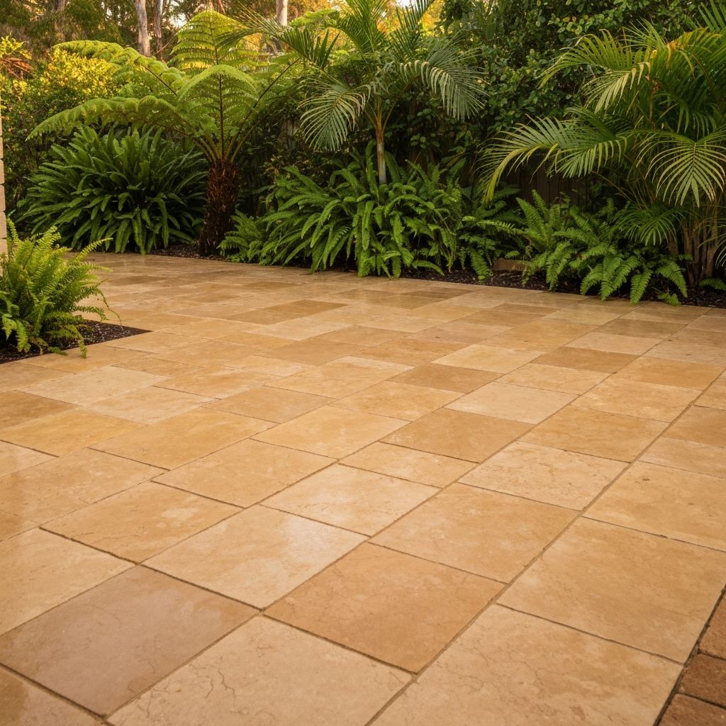 Sealed natural stone outdoor pavers with wet-look finish